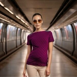 KAREN SCOTT Petite Asymmetrical Stripe Boat Neck T-Shirt Red Navy Cotton M NWT